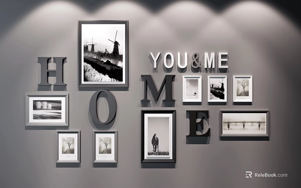 Inspiring Landscape Paintings on Wall with Frames HOME Letters YOU&ME Sign Windmill Silhouette and Bridge 3d model 