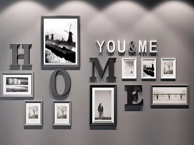 Inspiring Landscape Paintings on Wall with Frames HOME Letters YOU&ME Sign Windmill Silhouette and Bridge 3d model