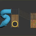 Playground Equipment With Blue Spiral Slide Wooden Structure Rope Ladder Yellow Tunnel And Climbing Wall