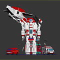Game And Movie Robot Character With Red White Design Ambulance Fire Truck Vehicles And Display Stand