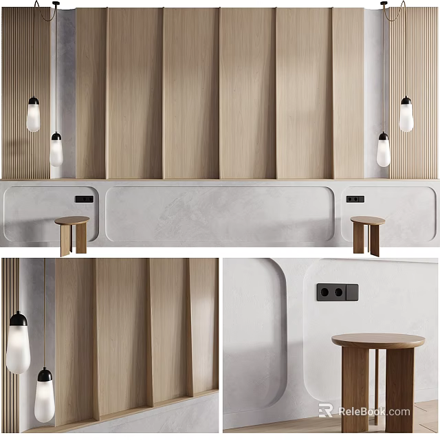 Modern Bedroom Accent Wall With Wooden Panels And Pendant Lights 3d model 