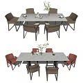 White Rectangular Dining Table Set with Brown Orange Chairs and Table Decorations 3d model