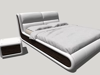 Modern Double Bed Design With Leather Headboard And Wooden Frame Nightstand 3d model