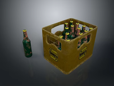 Yellow Beer Crate With Green Bottles And Single Bottle Beside It 3d model