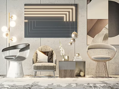 Modern Leisure Chairs In Transparent Woven Velvet Designs With Floor Lamp Side Table Artwork 3d model