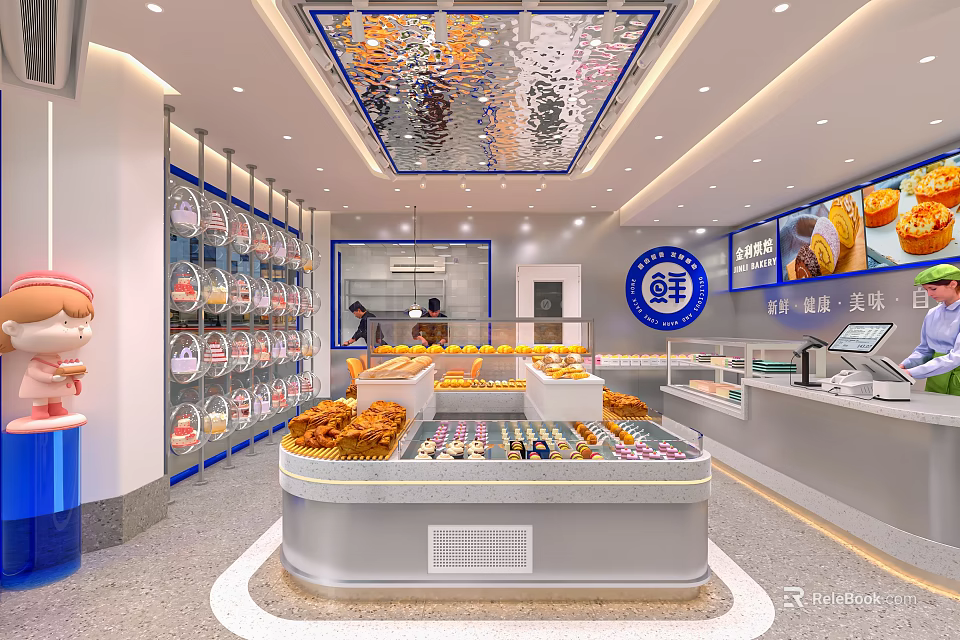Bright Modern Pastry Shop Interior With Various Desserts And Display Cabinets 3d model 