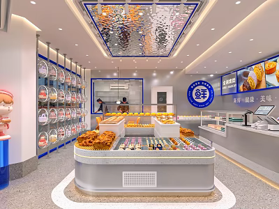 Bright Modern Pastry Shop Interior With Various Desserts And Display Cabinets 3d model