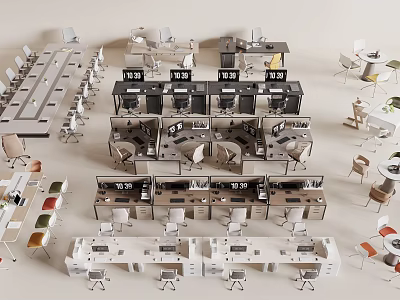 Modern Office Desk and Chair Combinations with Long Tables Partition Workstations and Various Chairs 3d model