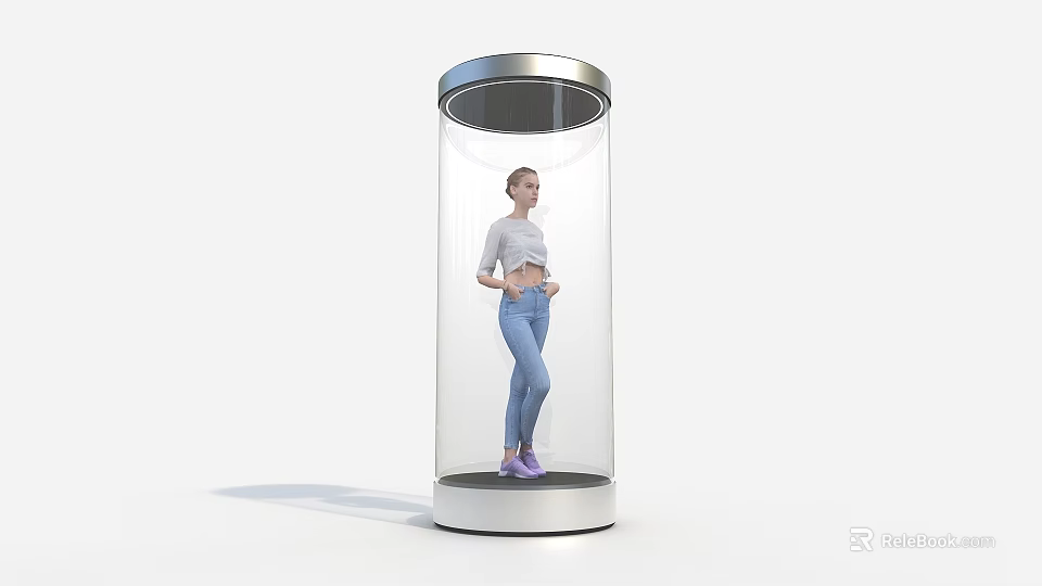 Transparent Cylindrical Container With Female Model In White Top And Blue Jeans 3d model 