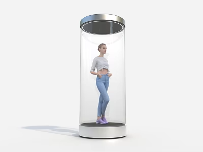 Transparent Cylindrical Container With Female Model In White Top And Blue Jeans 3d model