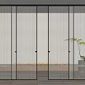 Modern Interior Sliding Doors with Black Frame Vertical Stripped Glass Wooden Floor and Plant