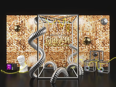 Stylish Miracle Halo Photo Check-in Spot With Gold Sequin Background Metal Pipes And Neon Lights 3d model