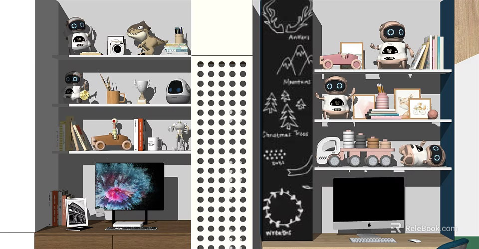 Creative Kids Desk Setup With Toys Bookshelf Chalkboard And Computer 3d model 
