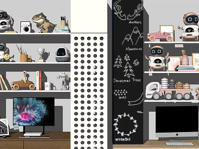 Creative Kids Desk Setup With Toys Bookshelf Chalkboard And Computer 3d model