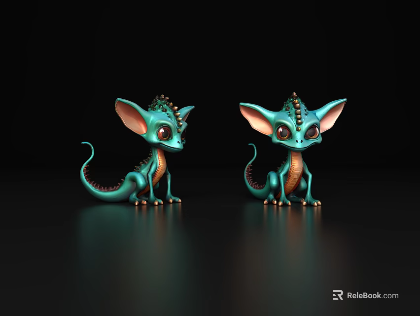 Cute Turquoise Fantasy Creatures With Large Ears Curly Tails On Dark Background 3d model 
