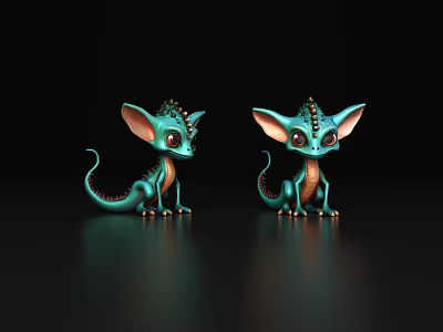 Cute Turquoise Fantasy Creatures With Large Ears Curly Tails On Dark Background 3d model