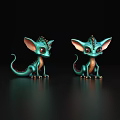 Cute Turquoise Fantasy Creatures With Large Ears Curly Tails On Dark Background