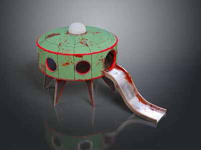 Green Round Play Structure With Red Trim White Top Sphere Circular Holes And Silver Slide 3d model