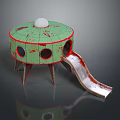 Green Round Play Structure With Red Trim White Top Sphere Circular Holes And Silver Slide