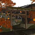 Detached Villa at Night With Red Maple Leaves Wooden Torii Gate Stone Steps and Illumination