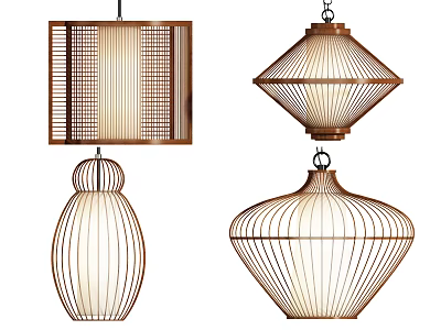 Various Designed Chandeliers With Bamboo And Metal Frames In Square Diamond Spherical Shapes 3d model