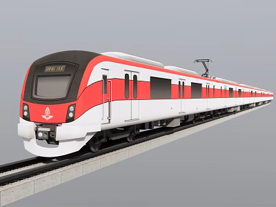 Red White and Black Modern Metro Train with Streamlined Exterior on Railway Track 3d model