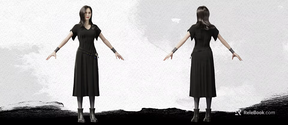 Woman In Black Dress With Wrist Accessories And Black Boots On Gray Background 3d model 