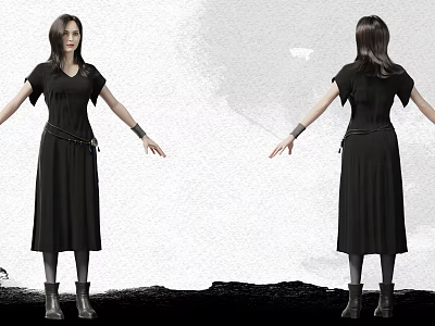 Woman In Black Dress With Wrist Accessories And Black Boots On Gray Background 3d model