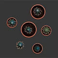 Multiple Blue Green Cacti in Orange Pots Various Sizes Decorative Household Plants on Dark Background