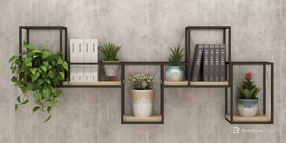Black Frame Wall Cabinets with Books Green Plants and Succulents on Gray Concrete Wall 3d model 