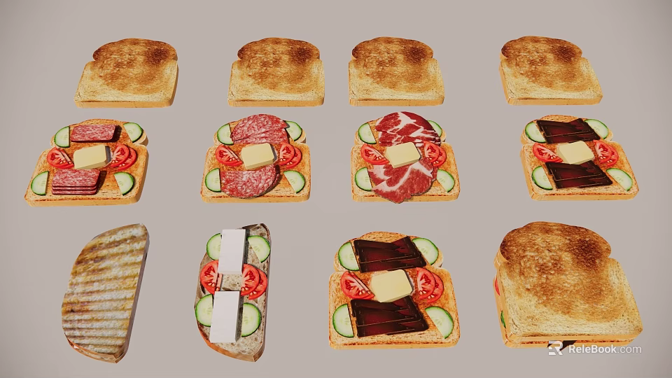 Assorted Toasted Bread and Sandwiches with Tomato Cucumber Cheese and Meat 3d model 