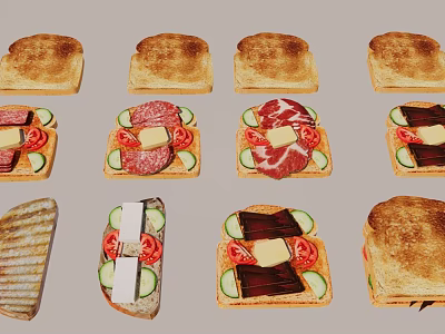 Assorted Toasted Bread and Sandwiches with Tomato Cucumber Cheese and Meat 3d model