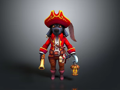 Pirate Dog Character Wearing Red Coat And Tricorn Hat With Lantern And Horn Accessories 3d model