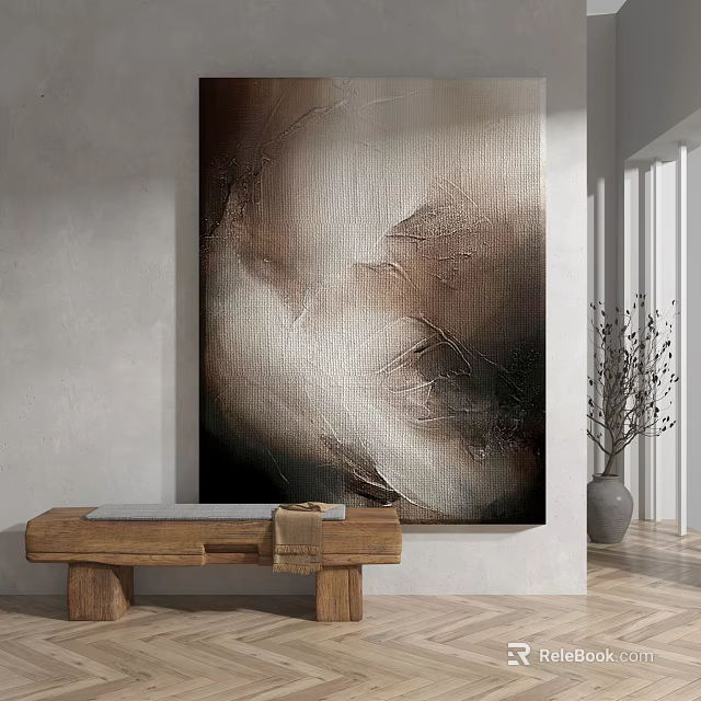 Large Abstract Painting On Light Colored Wall With Wooden Bench Gray Vase And Dried Branches 3d model 