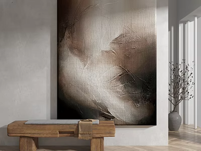 Large Abstract Painting On Light Colored Wall With Wooden Bench Gray Vase And Dried Branches 3d model