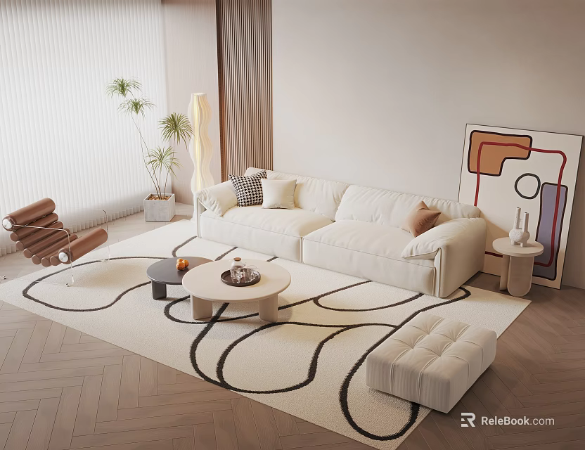 Modern White Sofa And Coffee Table Set With Cozy Rug Decorative Art And Green Plants 3d model 