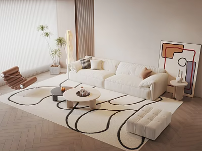 Modern White Sofa And Coffee Table Set With Cozy Rug Decorative Art And Green Plants 3d model