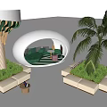 Modern Elegant Outdoor Landscape Seats With Green Sofa Palm Tree And White Structure