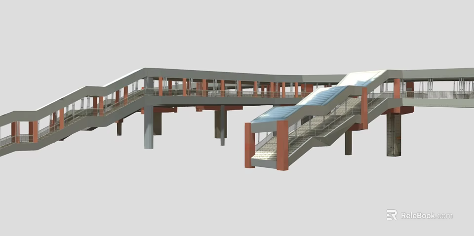Modern Pedestrian Overpass Structure With Steel Frame Glass Canopy And Stairs 3d model 
