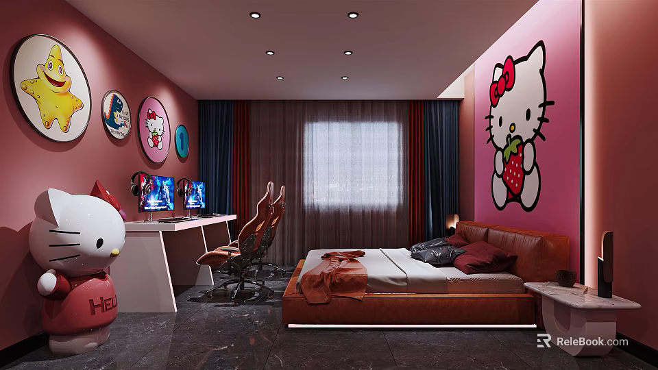 Hotel Guest Room With Pink Walls Hello Kitty Decor Gaming Setup And Comfortable Bed 3d model 