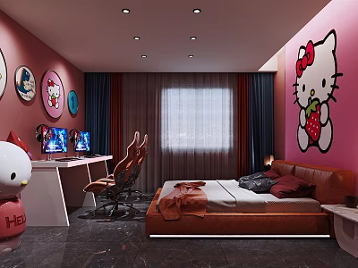 Hotel Guest Room With Pink Walls Hello Kitty Decor Gaming Setup And Comfortable Bed 3d model