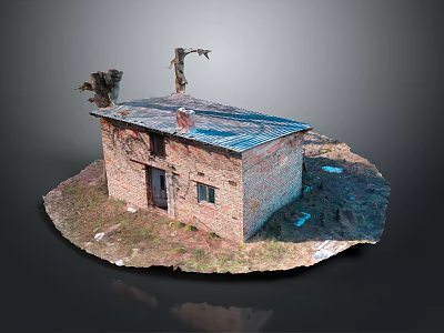 Dilapidated Brick House with Blue Damaged Roof Dead Branches Weeds and Rubble Around 3d model
