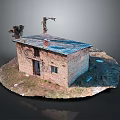 Dilapidated Brick House with Blue Damaged Roof Dead Branches Weeds and Rubble Around