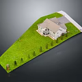 Residential Two Story House Model With Sloped Roof Green Lawn And Aligned Bushes