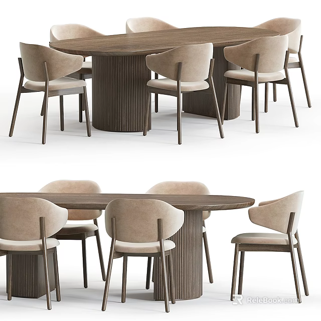 Modern Round Wooden Dining Table Set With Light Colored Upholstered Chairs 3d model 