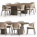 Modern Round Wooden Dining Table Set With Light Colored Upholstered Chairs 3d model