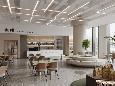 Modern Coffee Shop Interior With Linear Ceiling Lights Bar Counter Green Plants And Large Windows 3d model