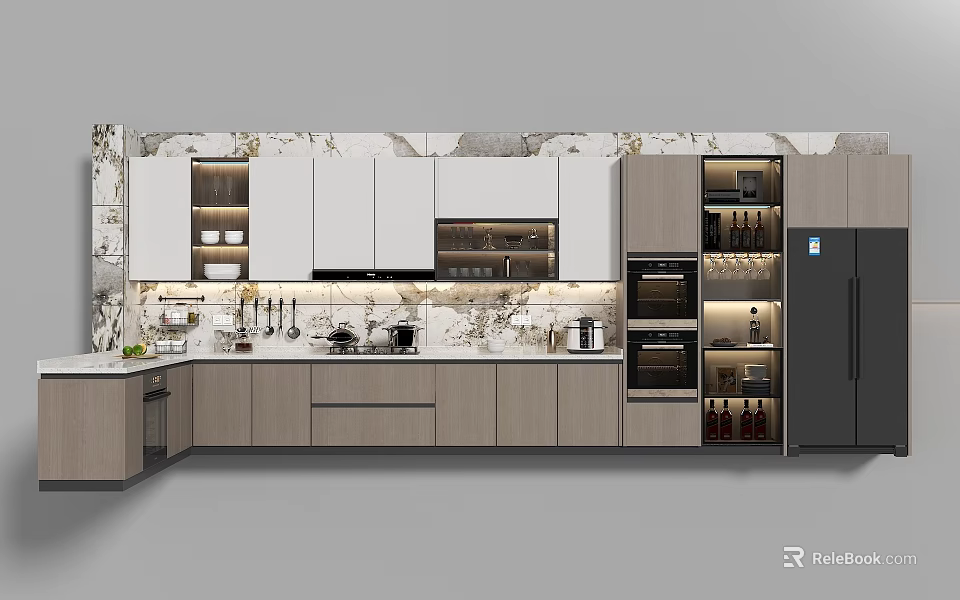 Modern Kitchen Utensils With Cabinets Island Counter And Cooking Appliances 3d model 