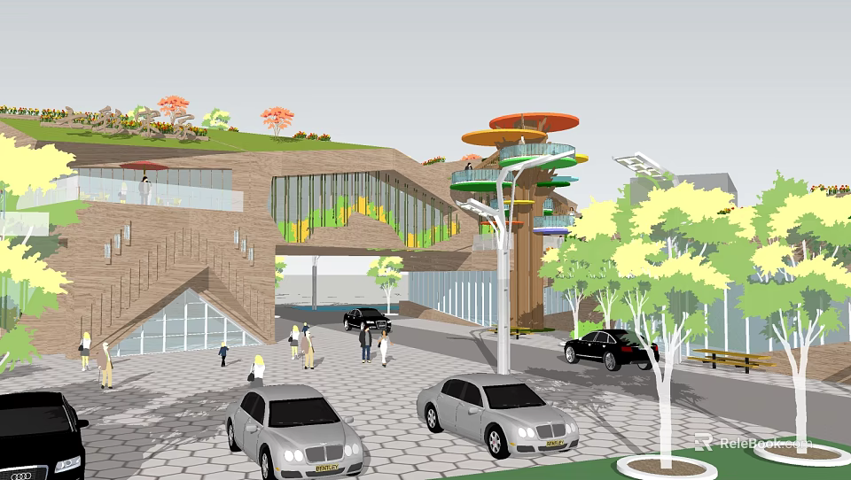 Modern Visitor Center With Contemporary Architecture Green Landscaping Pedestrian Area and Parking Spaces 3d model 