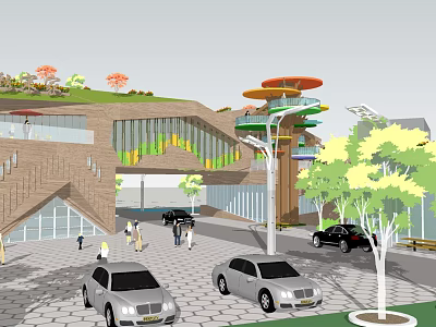 Modern Visitor Center With Contemporary Architecture Green Landscaping Pedestrian Area and Parking Spaces 3d model